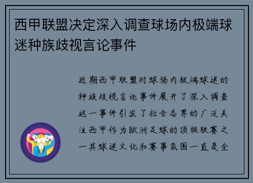 西甲联盟决定深入调查球场内极端球迷种族歧视言论事件